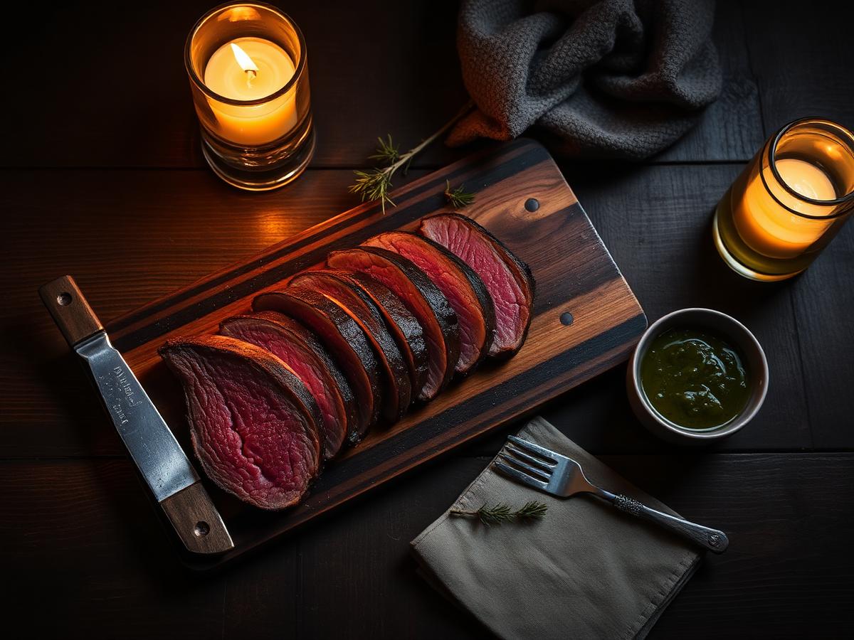 Tábua de picanha fatiada com molhos e velas em mesa rústica